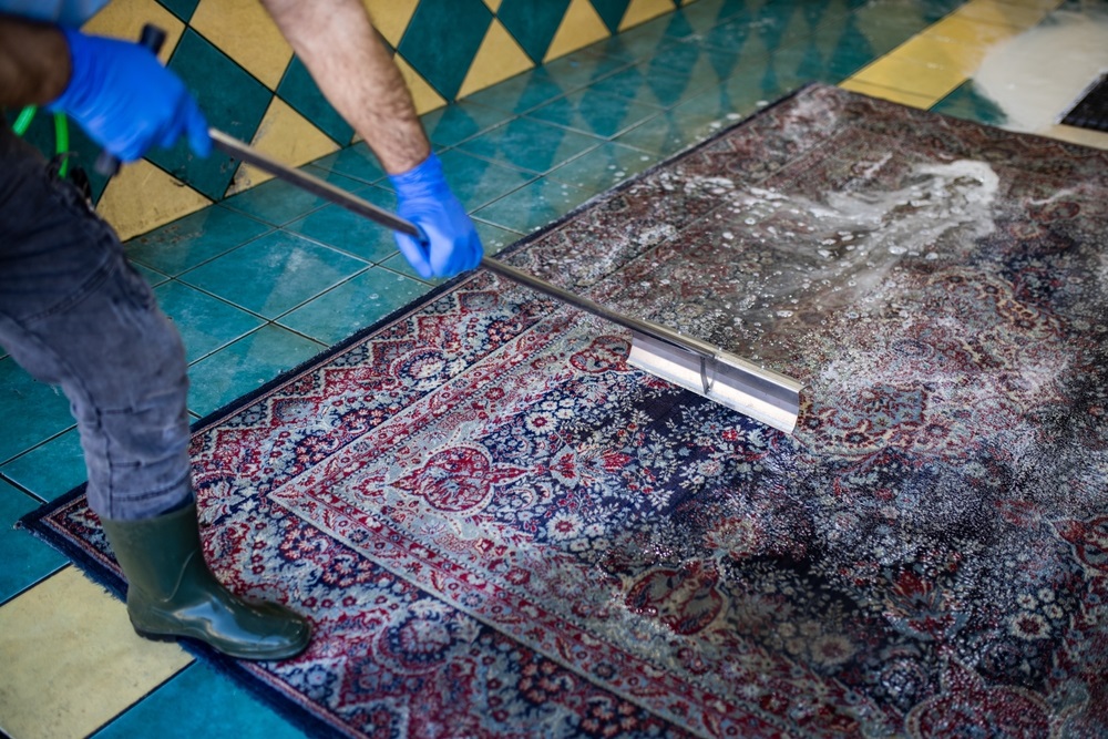 A careful cleaning process of a wool rug, highlighting the gentle washing and drying technique.